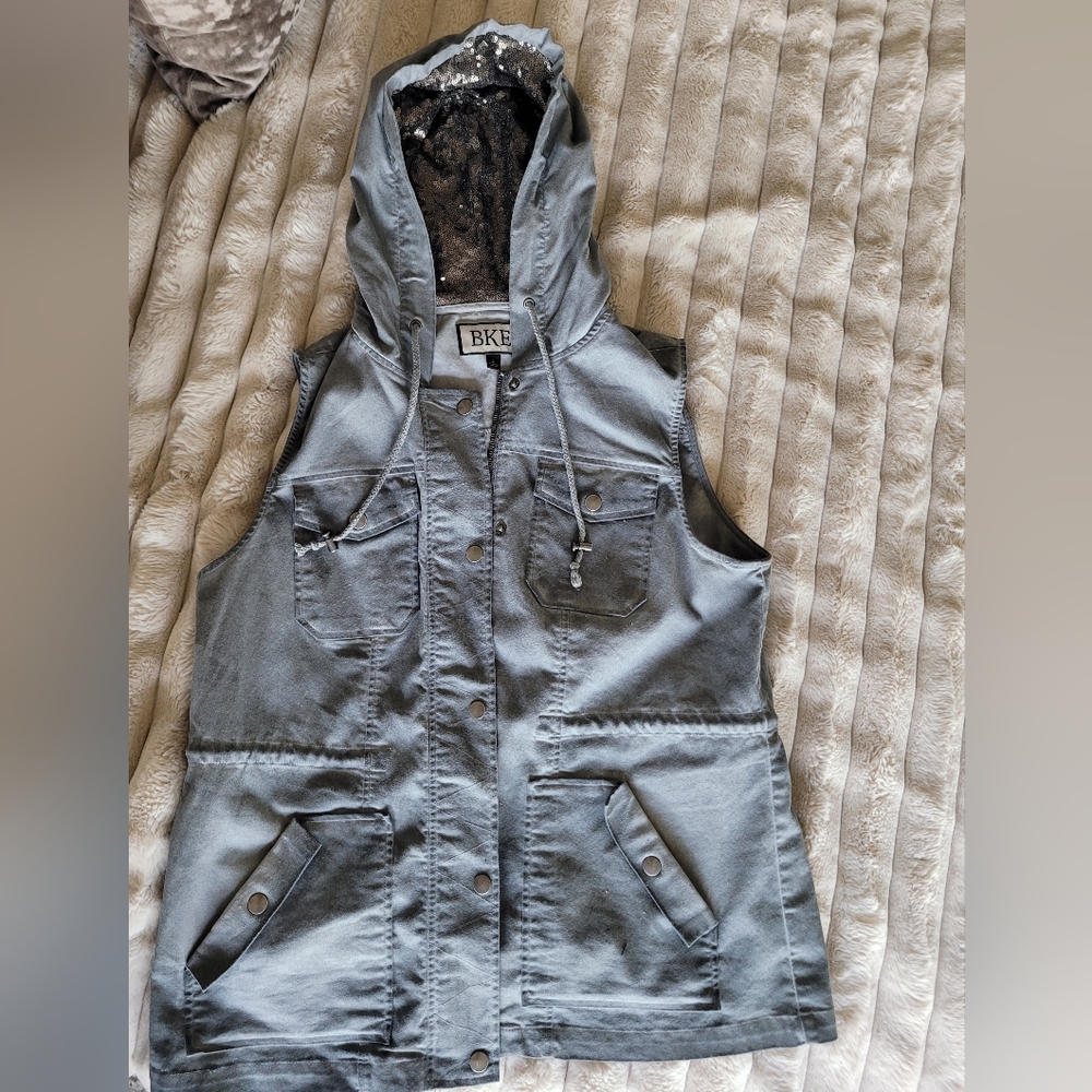 BKE Gray Hooded Vest with Sequin Lining